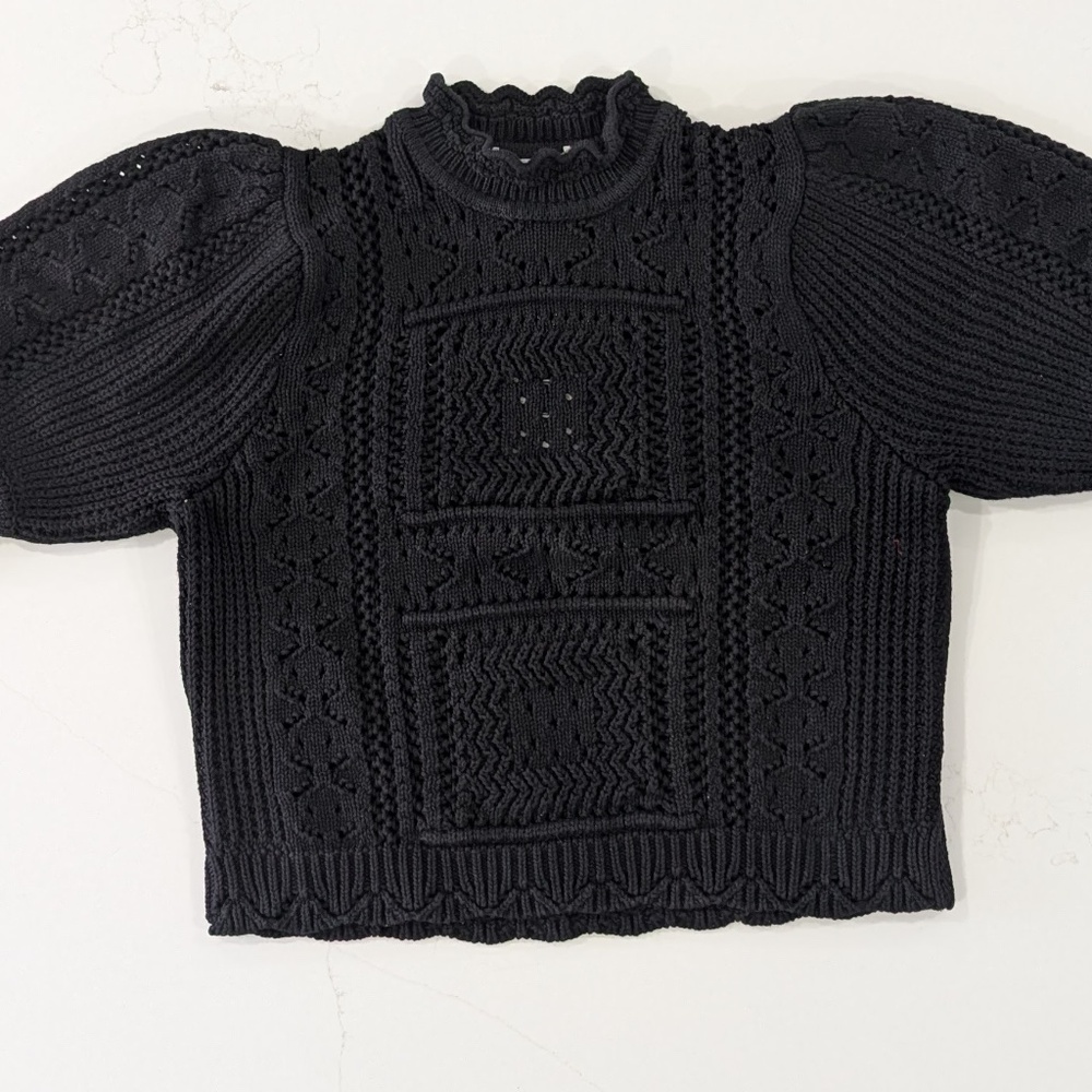 AUTUMN CASHMERE Puff Sleeve Tile Stitch Mock Neck Cotton Sweater Black M New